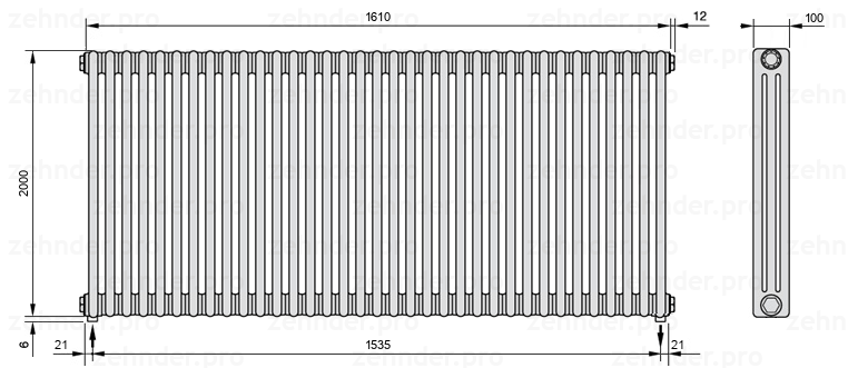 Схема (чертеж) Радиатор Zehnder Charleston 3200/35 №3570 Белый глянцевый RAL 9016